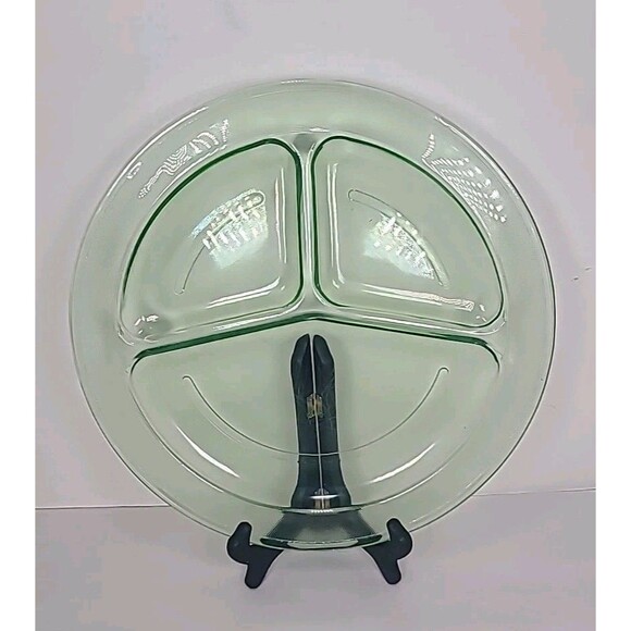 Vintage Green Uranium Depression Glass Plate Divided 3 Sections 11" 1930's - Picture 4 of 7